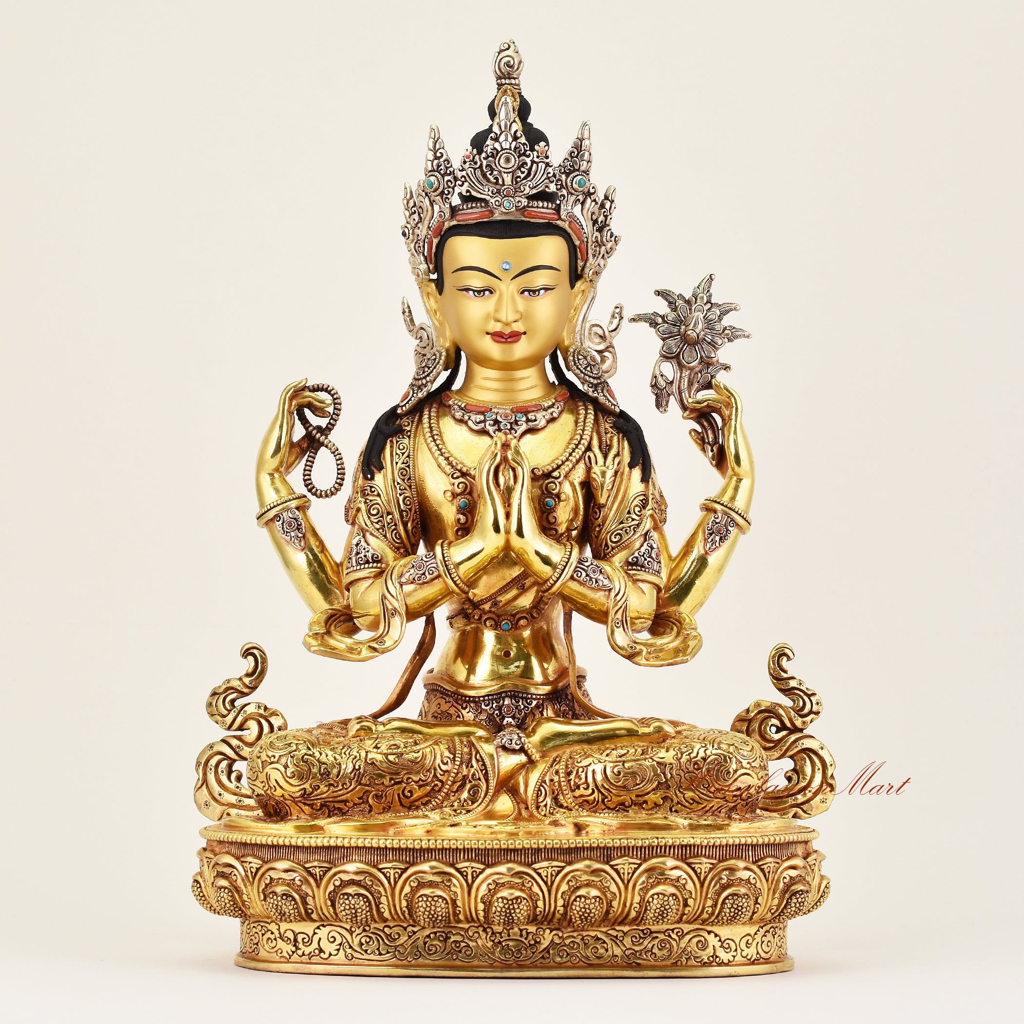 Crowned Chenrezig statue representing compassion and wisdom, handcrafted Buddhist sacred art ideal for meditation and altar spaces.