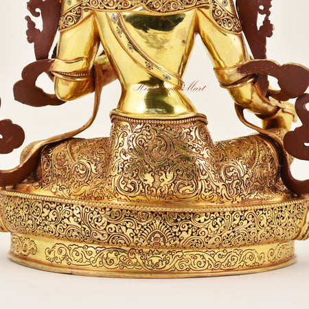 Close-up of the back detail of the Crowned Green Tara statue, emphasizing meticulous craftsmanship, ornamental details, and sacred Buddhist artistry.