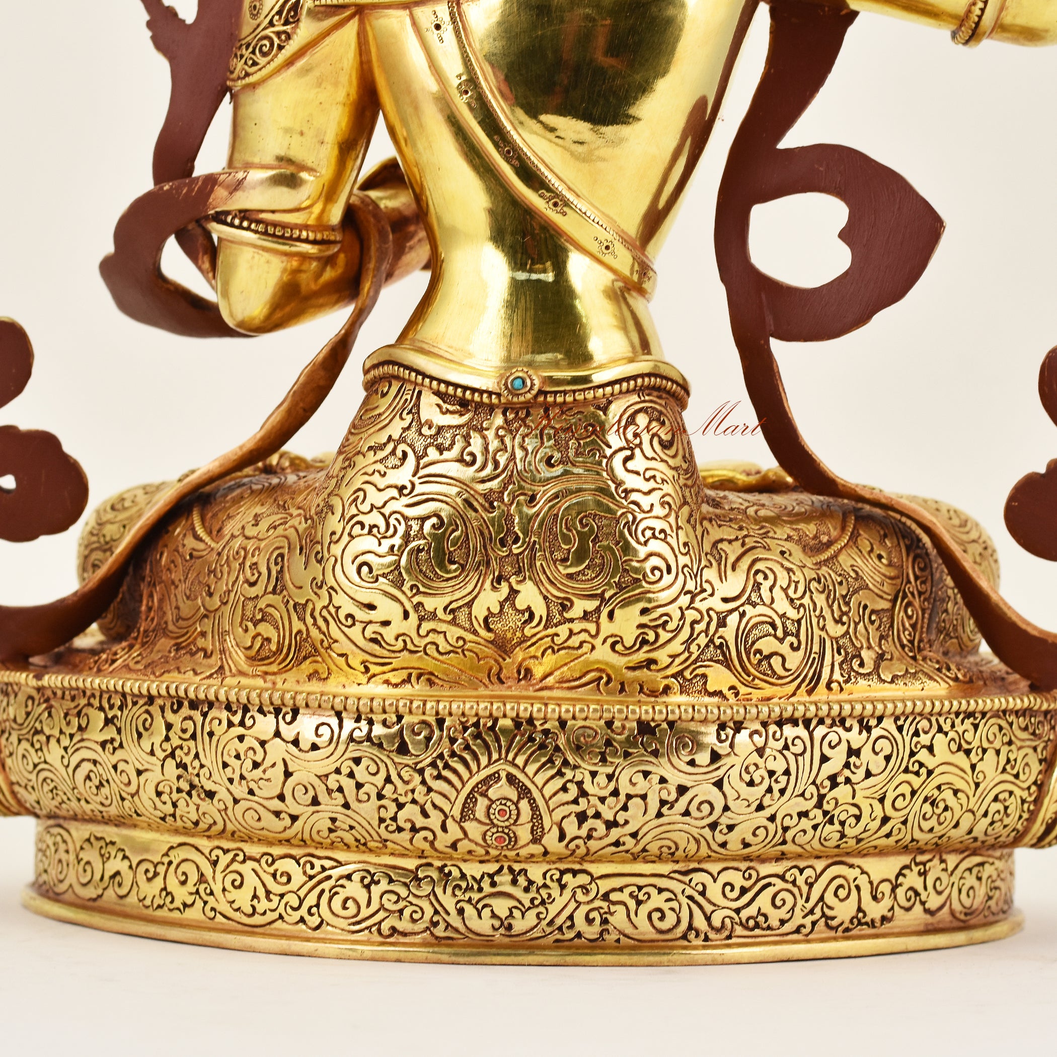 Close-up of the back detail of the Crowned Manjushri statue, emphasizing intricate carving, decorative features, and handcrafted Buddhist artistry.
