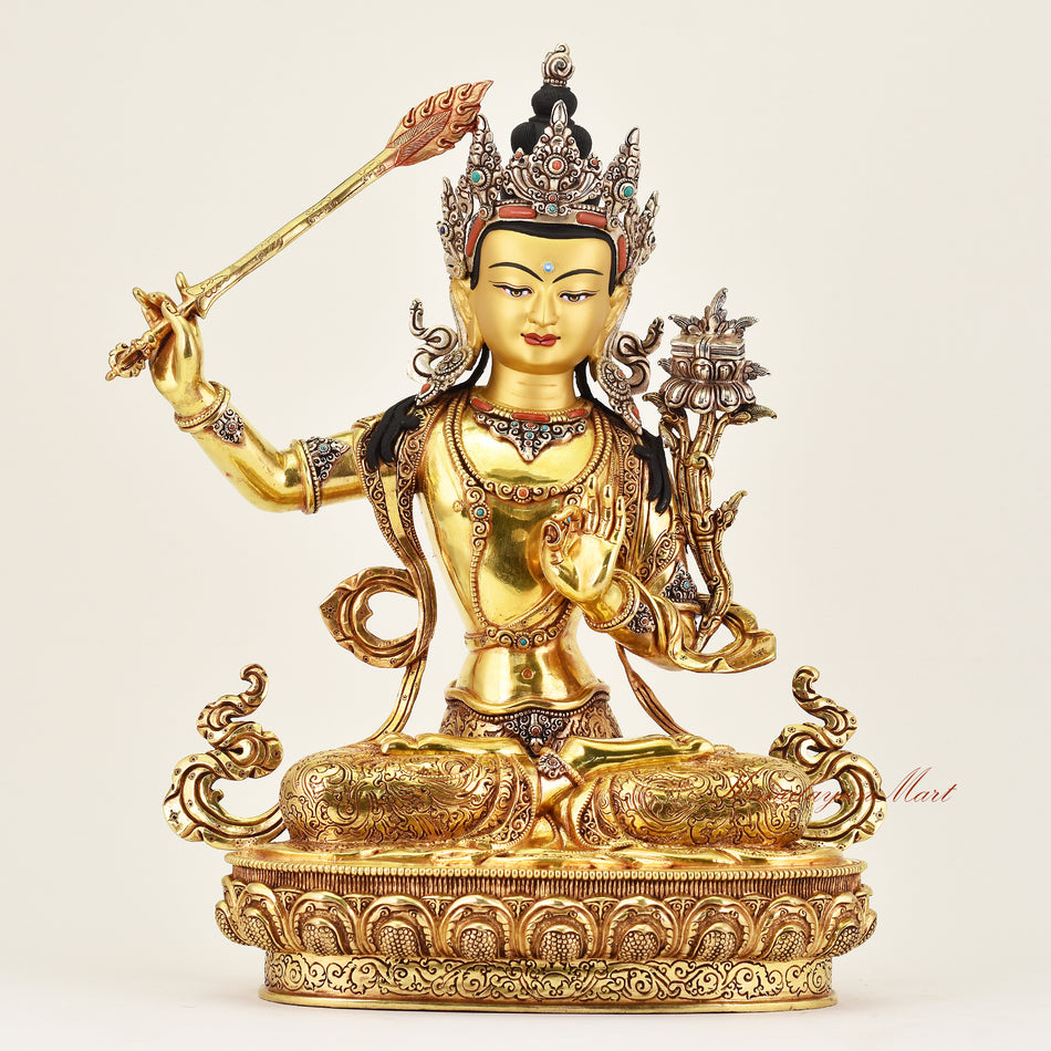 Crowned Manjushri statue representing wisdom and enlightened insight, handcrafted Buddhist art ideal for meditation, altar, and spiritual spaces.