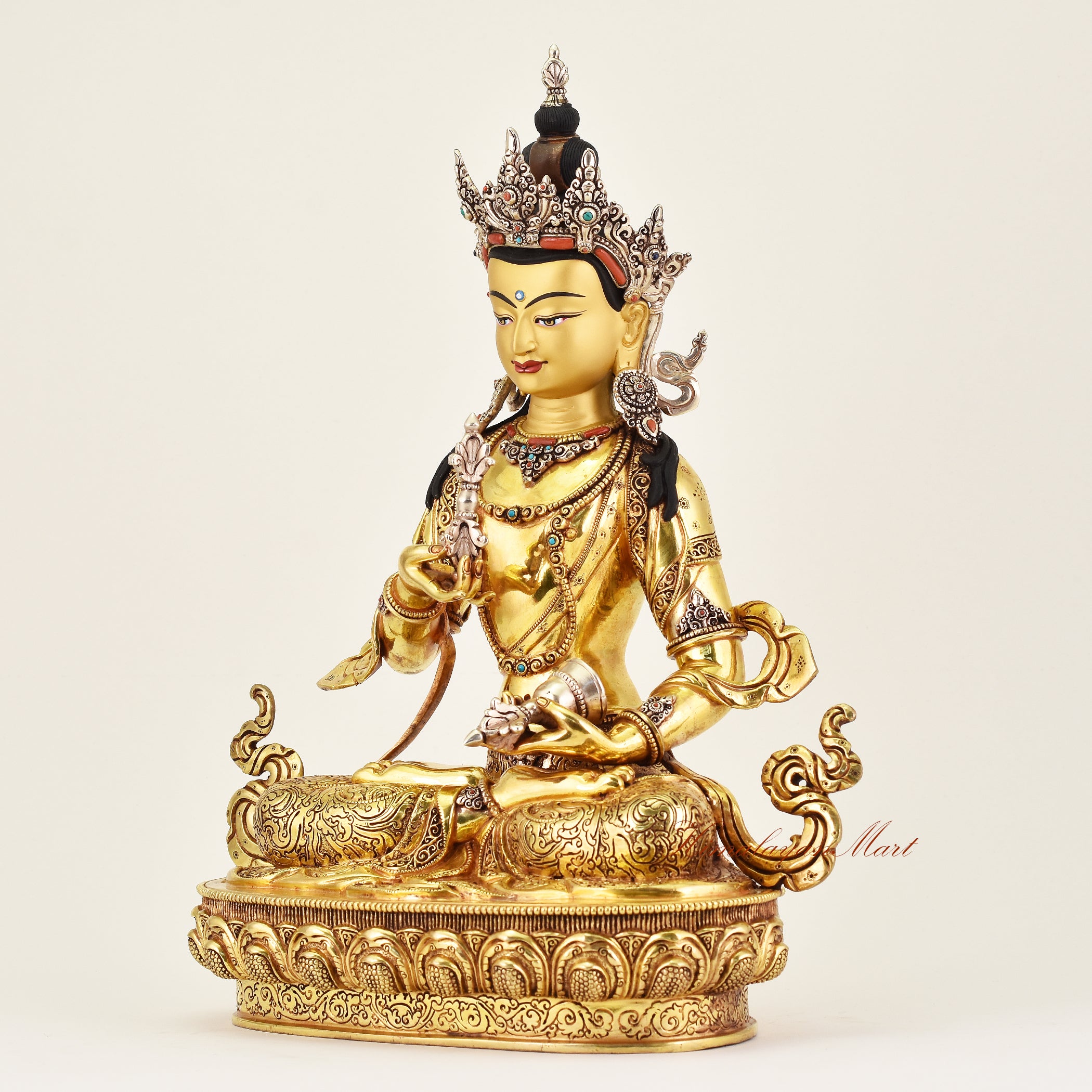 Left-side view of the Crowned Vajrasattva statue, highlighting balanced form, intricate details, and traditional Buddhist artistry.