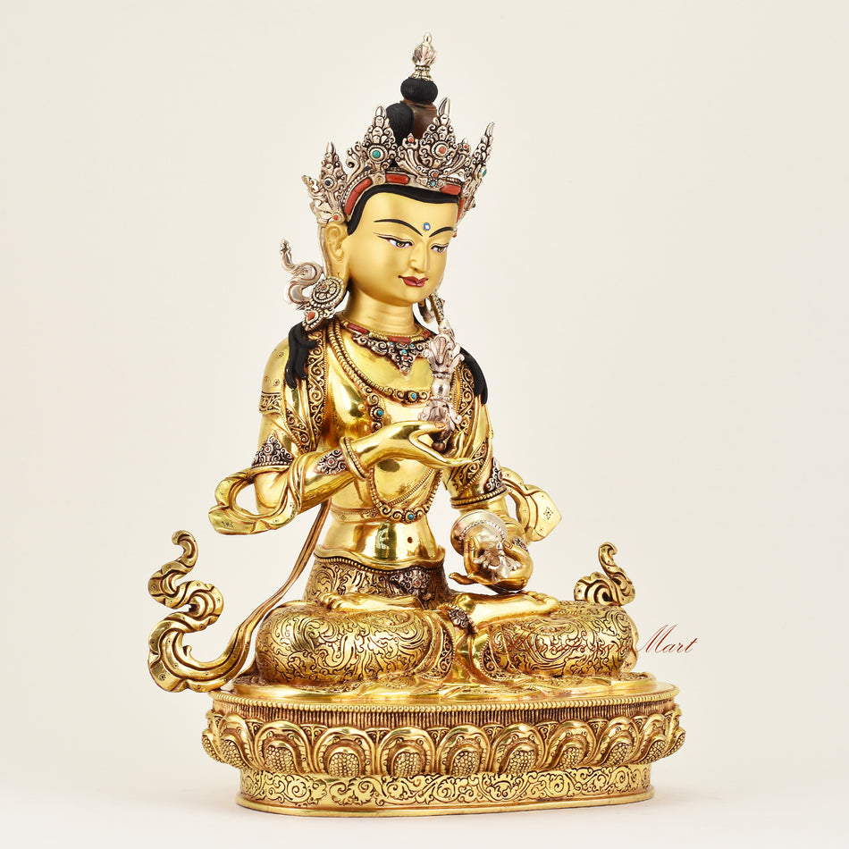 Right-side view of a Crowned Vajrasattva statue, showcasing refined craftsmanship and Buddhist symbolism of purification and compassion.