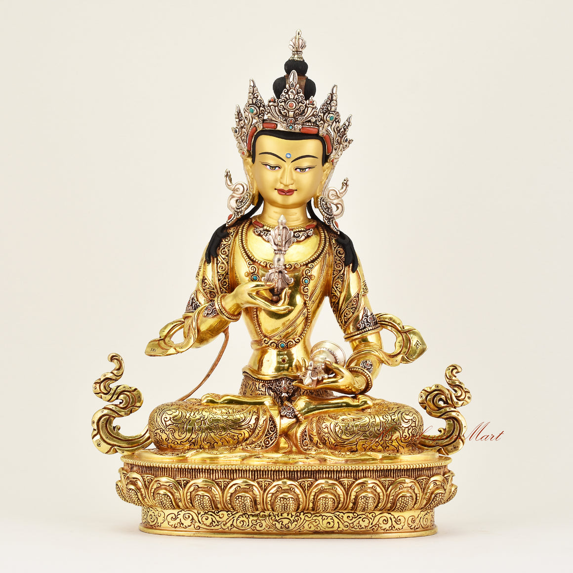 Crowned Vajrasattva statue symbolizing purification and compassion, a handcrafted Buddhist sacred sculpture for meditation and altar spaces.