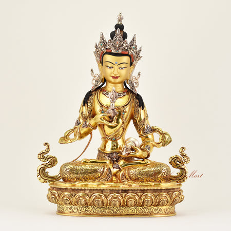 Crowned Vajrasattva statue symbolizing purification and compassion, a handcrafted Buddhist sacred sculpture for meditation and altar spaces.
