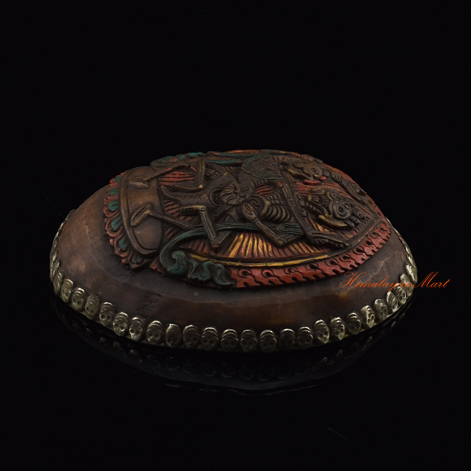 Right side view of the Dancing Citipati Resin Kapala showing the hand-painted finish and skull border