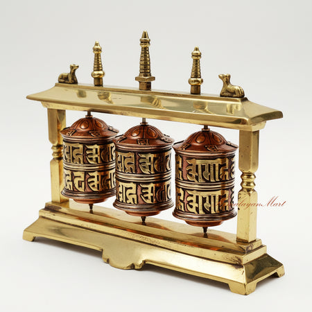 Left side view of Desktop Tabletop Prayer Wheel, sacred Buddhist mantra meditation wheel used in prayer and meditation