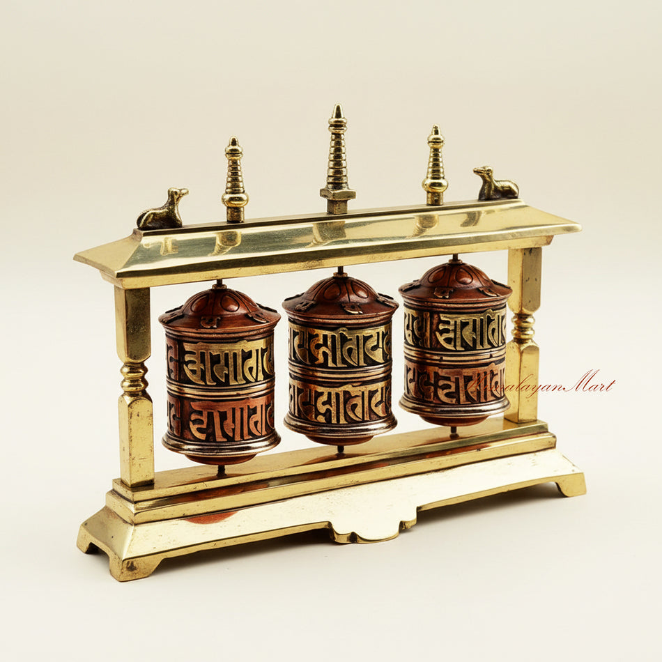 Right side view of Desktop Tabletop Prayer Wheel, sacred Buddhist mantra meditation wheel for altar and meditation