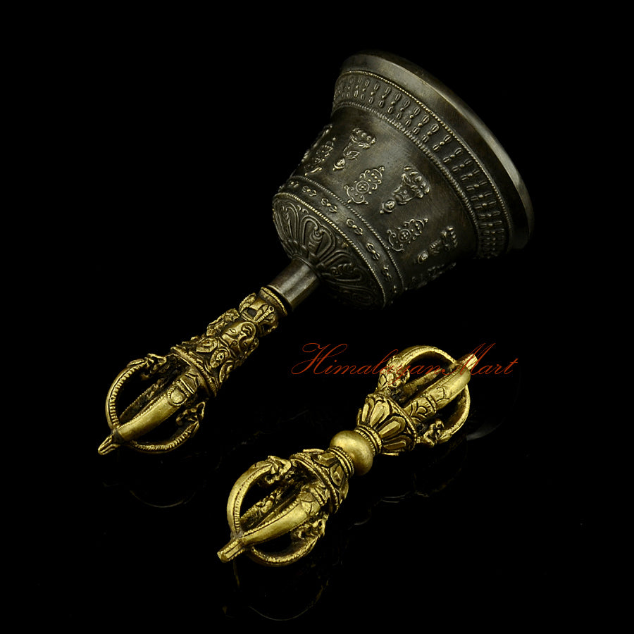 Left angle view of Vajra and Bell Set with antique bronze finish