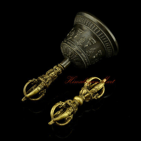Left angle view of Vajra and Bell Set with antique bronze finish