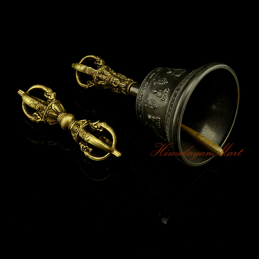 Right angle view of handcrafted Tibetan Buddhist Dorje and Bell Set