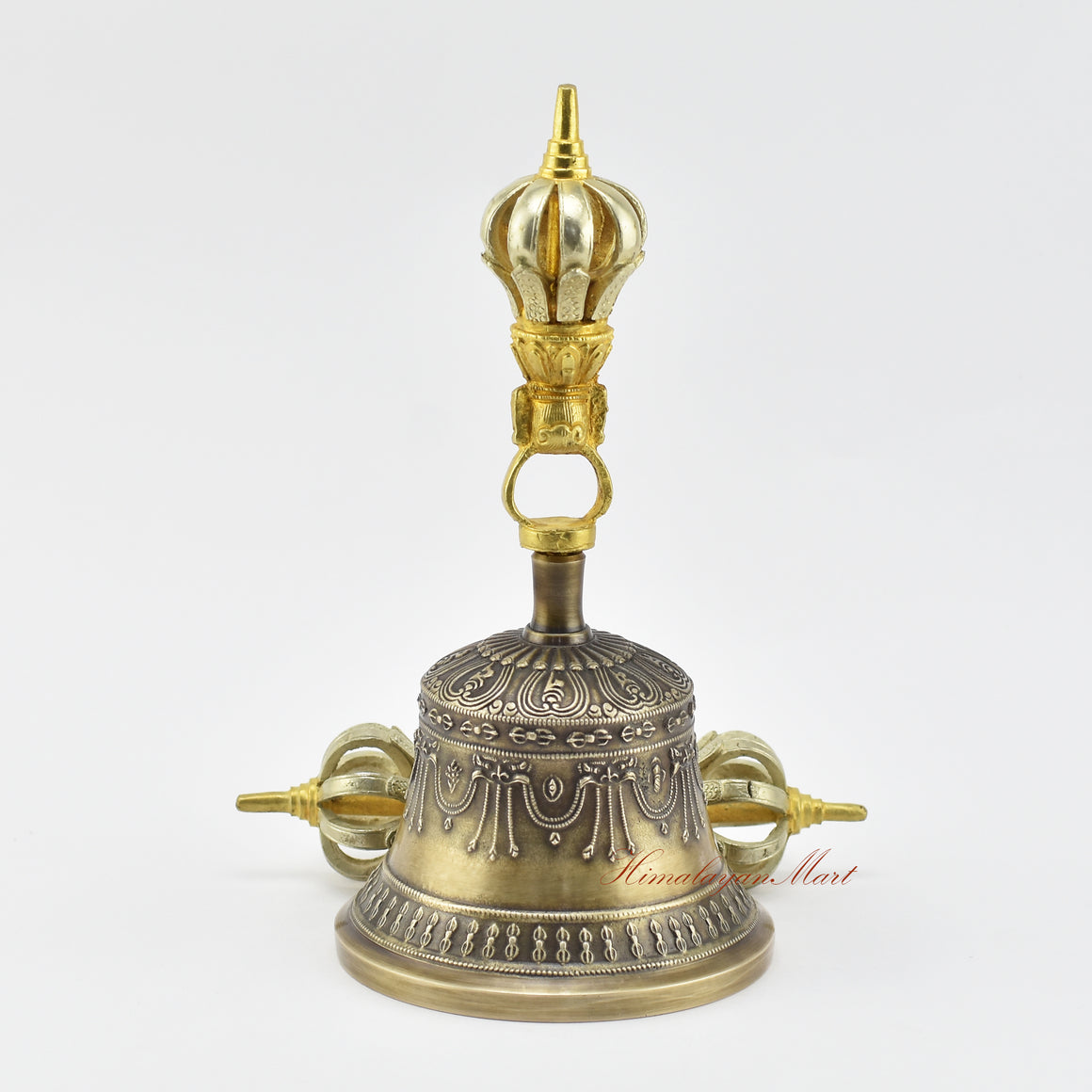 Back view of gold-plated Dorje and Drilbu Set in five sacred metals, handcrafted Buddhist ritual pair