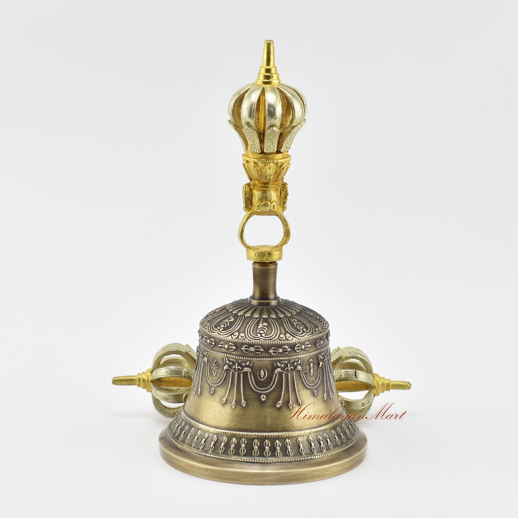Back view of gold-plated Dorje and Drilbu Set in five sacred metals, handcrafted Buddhist ritual pair