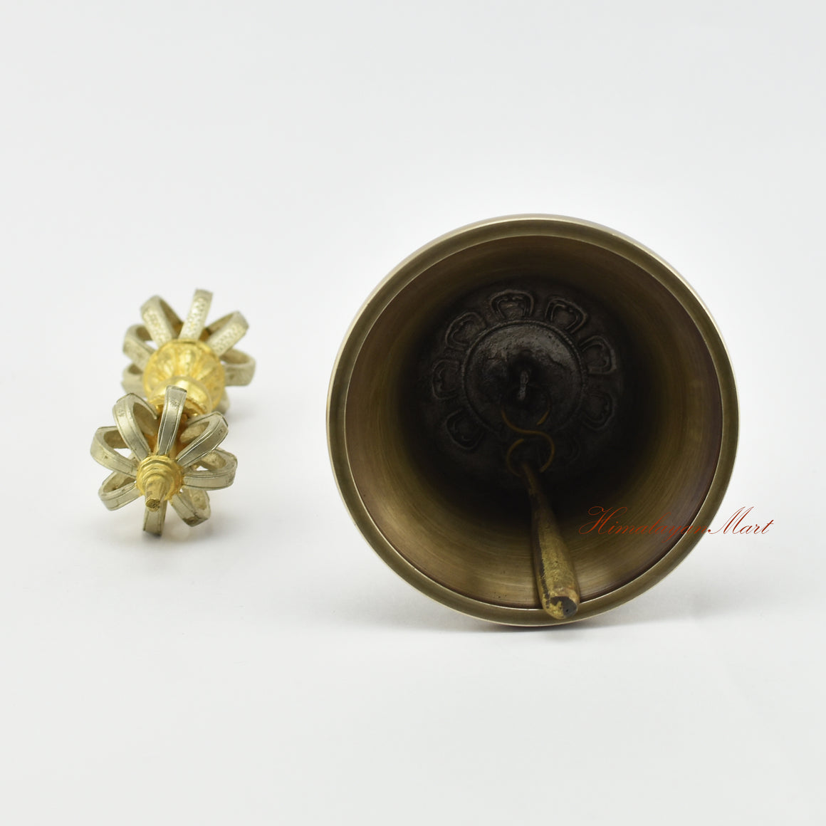 Bottom view of gold-plated Dorje and Drilbu Set showing five sacred metal base detail, made in Nepal