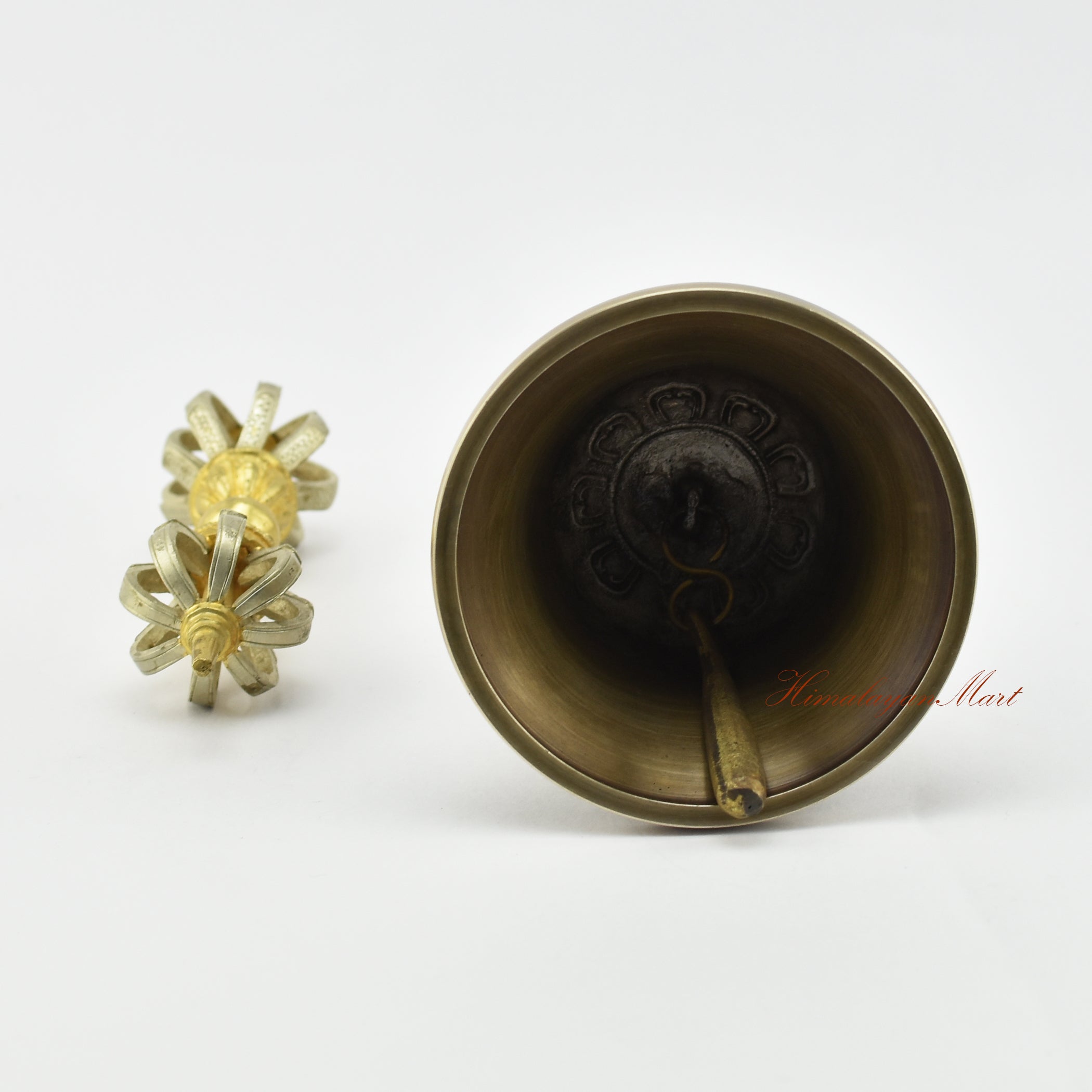 Bottom view of gold-plated Dorje and Drilbu Set showing five sacred metal base detail, made in Nepal