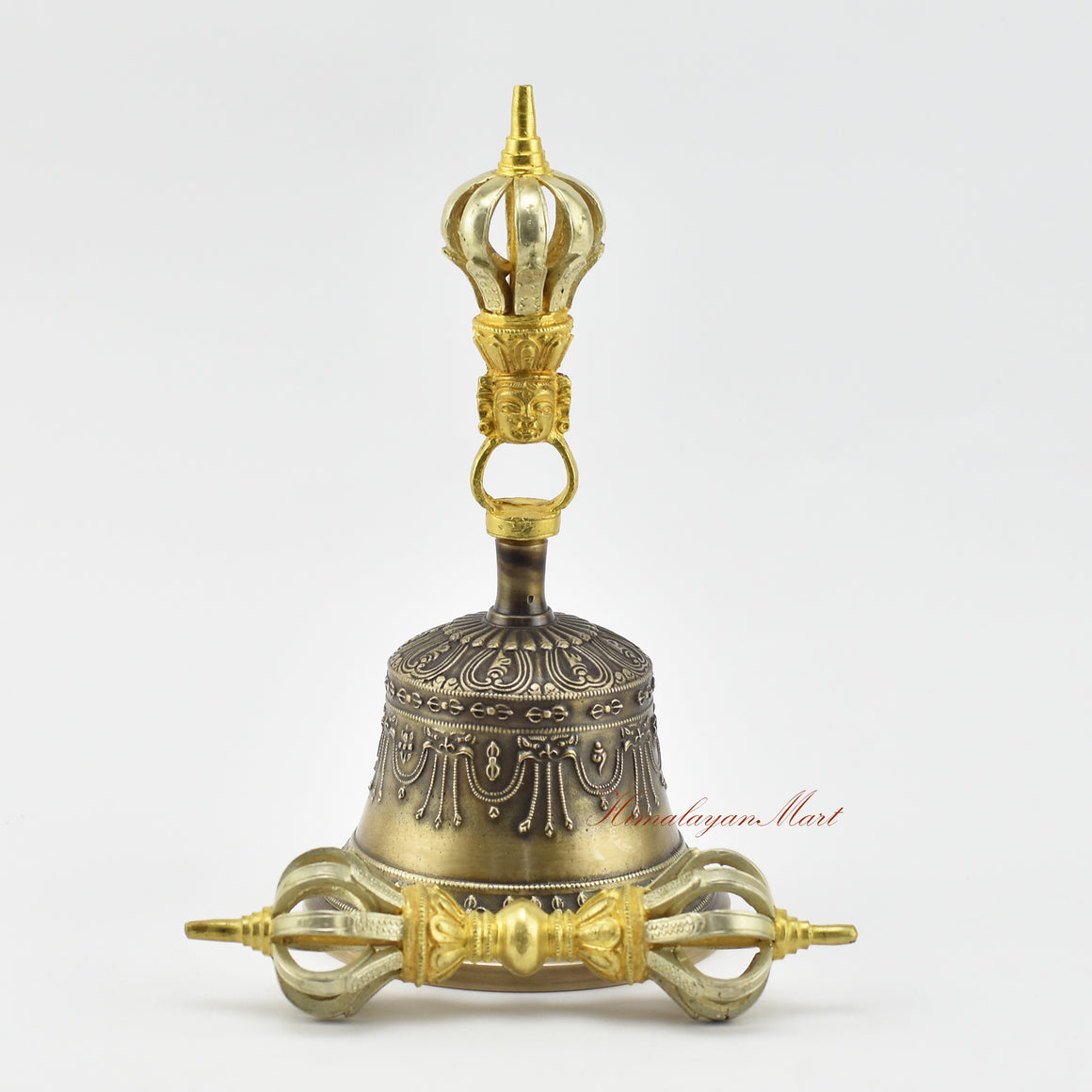 Front view of gold-plated Tibetan Dorje and Drilbu Set in five sacred metals, handmade in Nepal