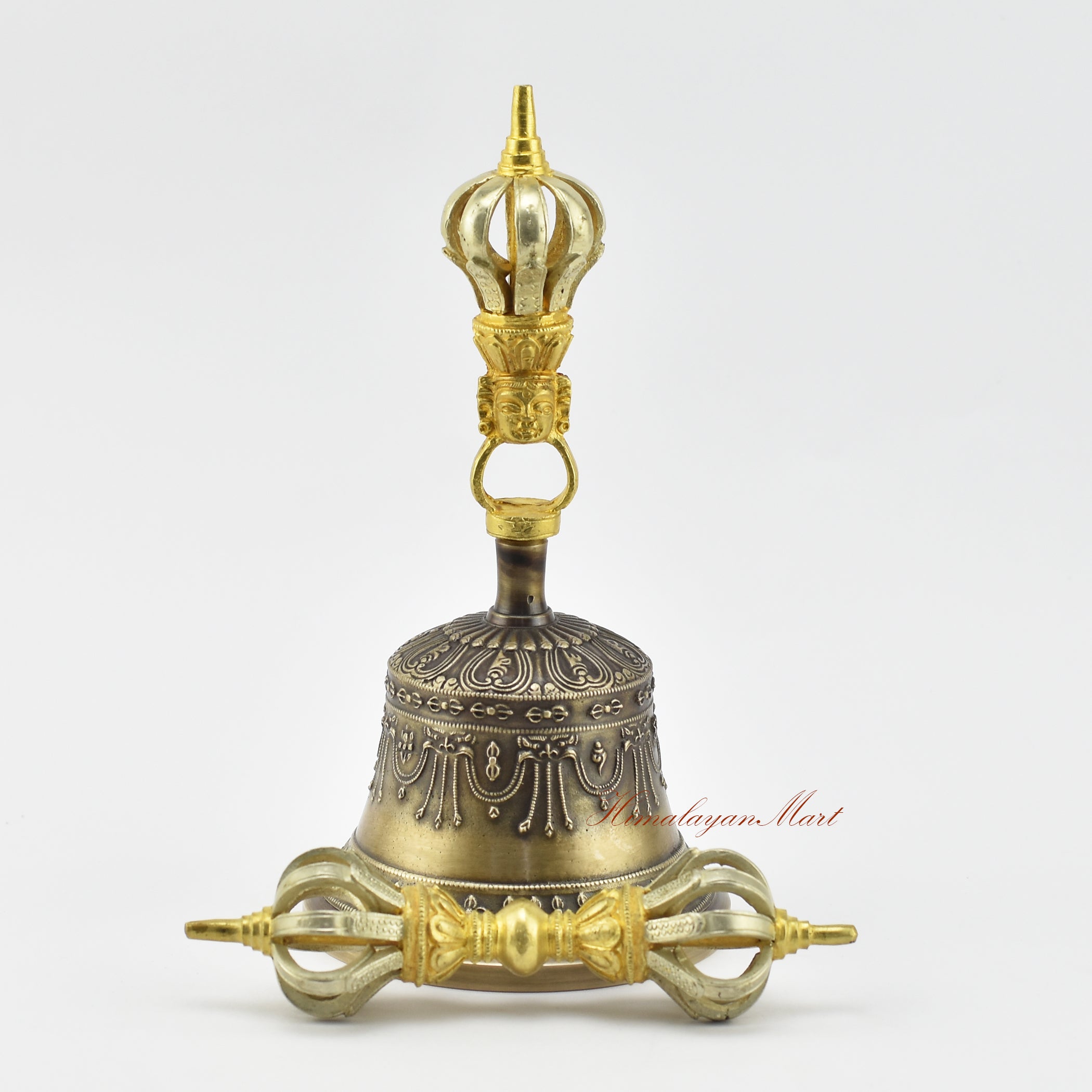 Front view of gold-plated Tibetan Dorje and Drilbu Set in five sacred metals, handmade in Nepal