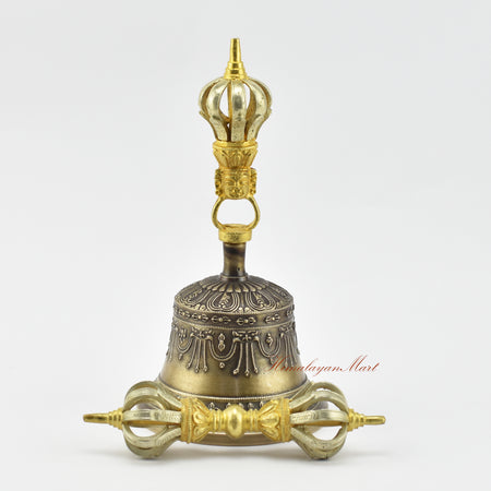 Front view of gold-plated Tibetan Dorje and Drilbu Set in five sacred metals, handmade in Nepal