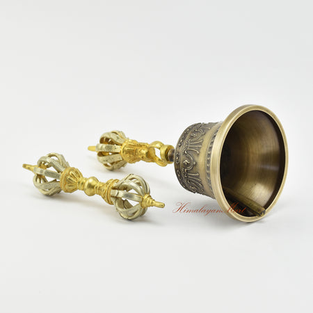 Left side view of gold-plated Dorje and Drilbu Set, five sacred metal alloy, Patan Nepal artisan