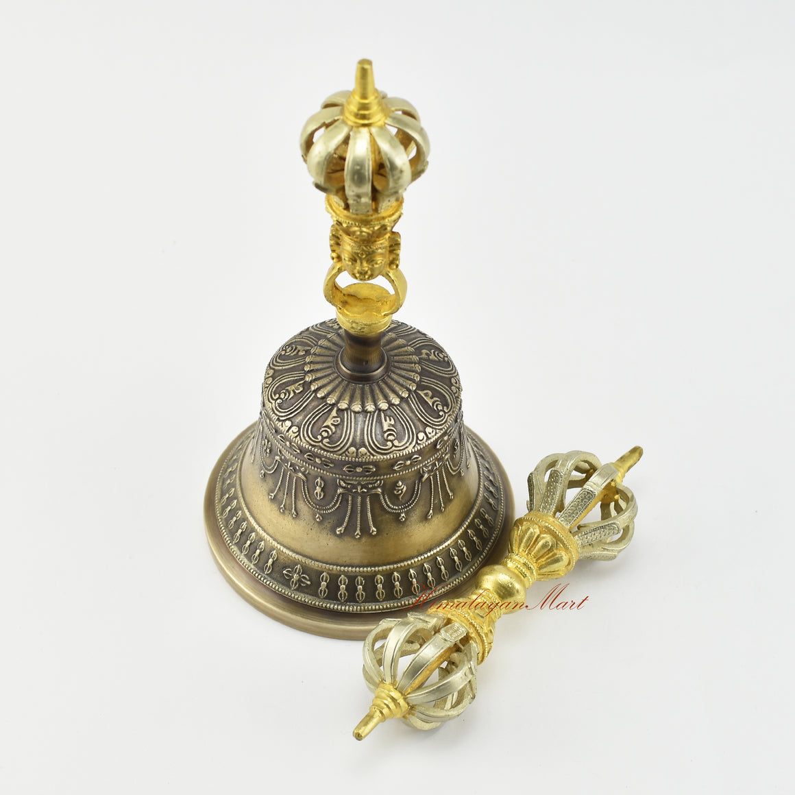 Top-side angle of gold-plated Tibetan Drilbu bell and Dorje set, five sacred metal alloy Nepal