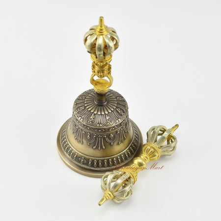 Top-side angle of gold-plated Tibetan Drilbu bell and Dorje set, five sacred metal alloy Nepal