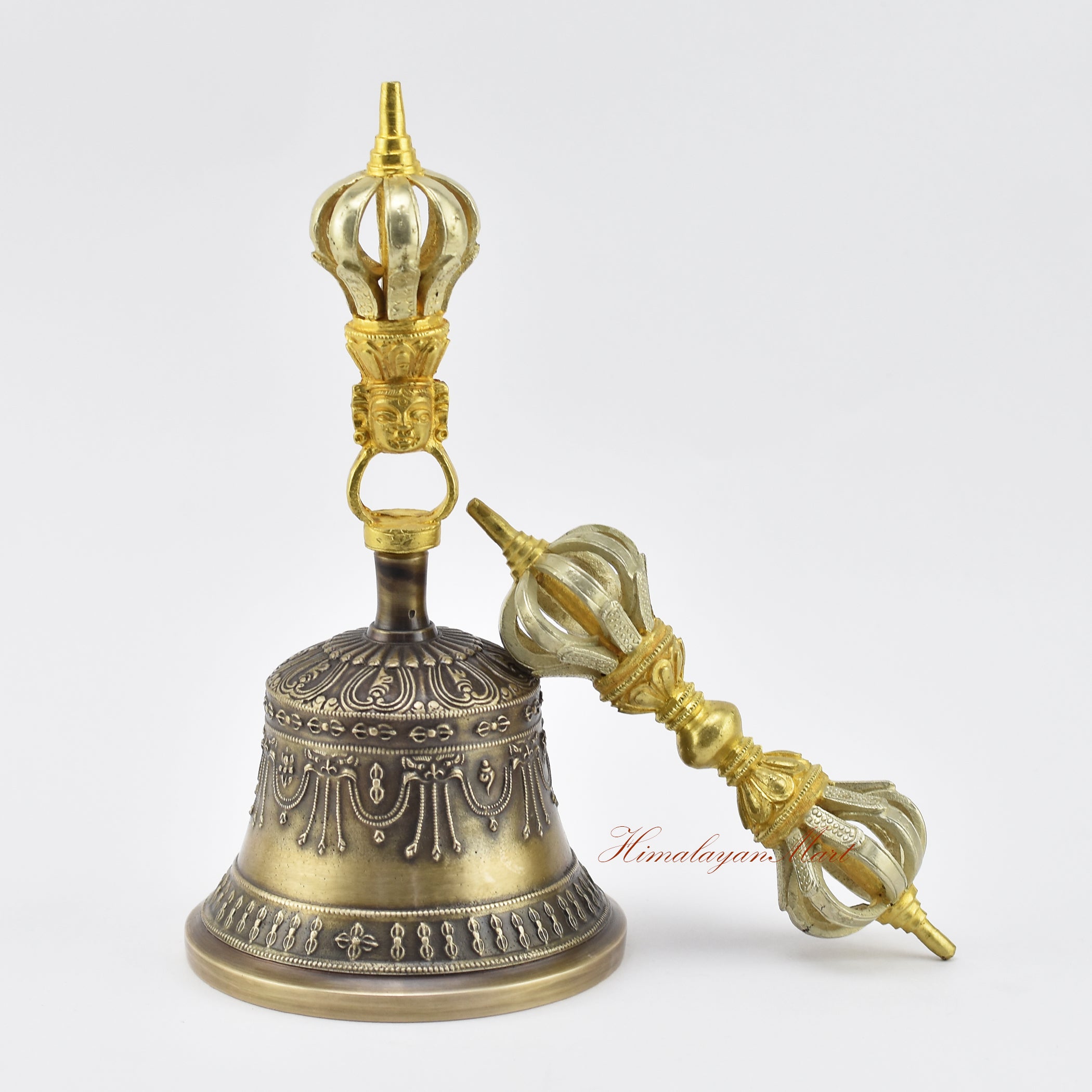 Gold-plated Dorje and Drilbu Set made from five sacred metal alloy, handcrafted in Patan Nepal