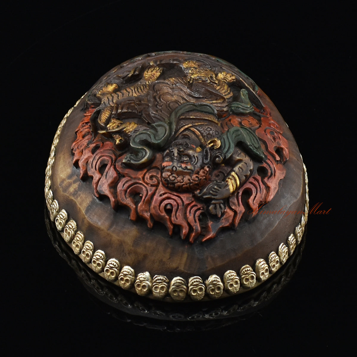 Top view of the Dorje Drolo Carved Resin Kapala highlighting the carved Dorje Drolo imagery