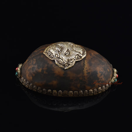 Dragon-embedded resin kapala, left side view showing dragon detailing
