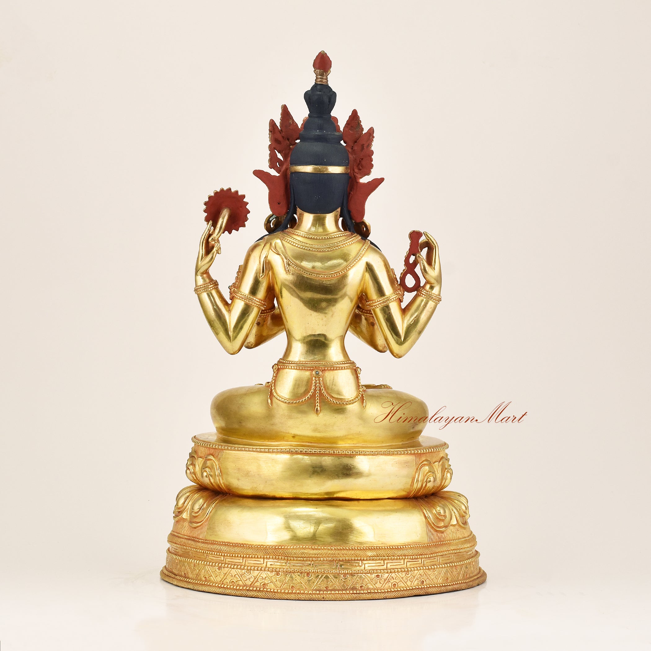 Back view of Four-Armed Avalokiteshvara Statue showing lotus throne and hand-carved robe detailing