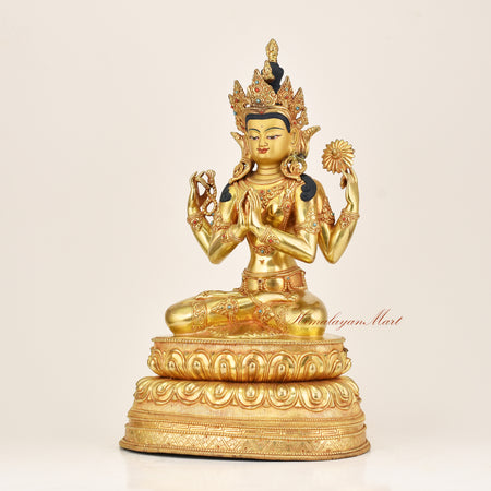 Left side view of Four-Armed Avalokiteshvara Chenrezig Statue with turquoise, coral, and lapis ornamentation