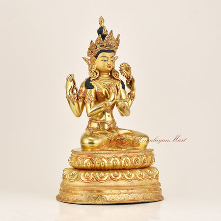 Right side view of Four-Armed Avalokiteshvara Statue showing copper alloy casting and gold gilding detail