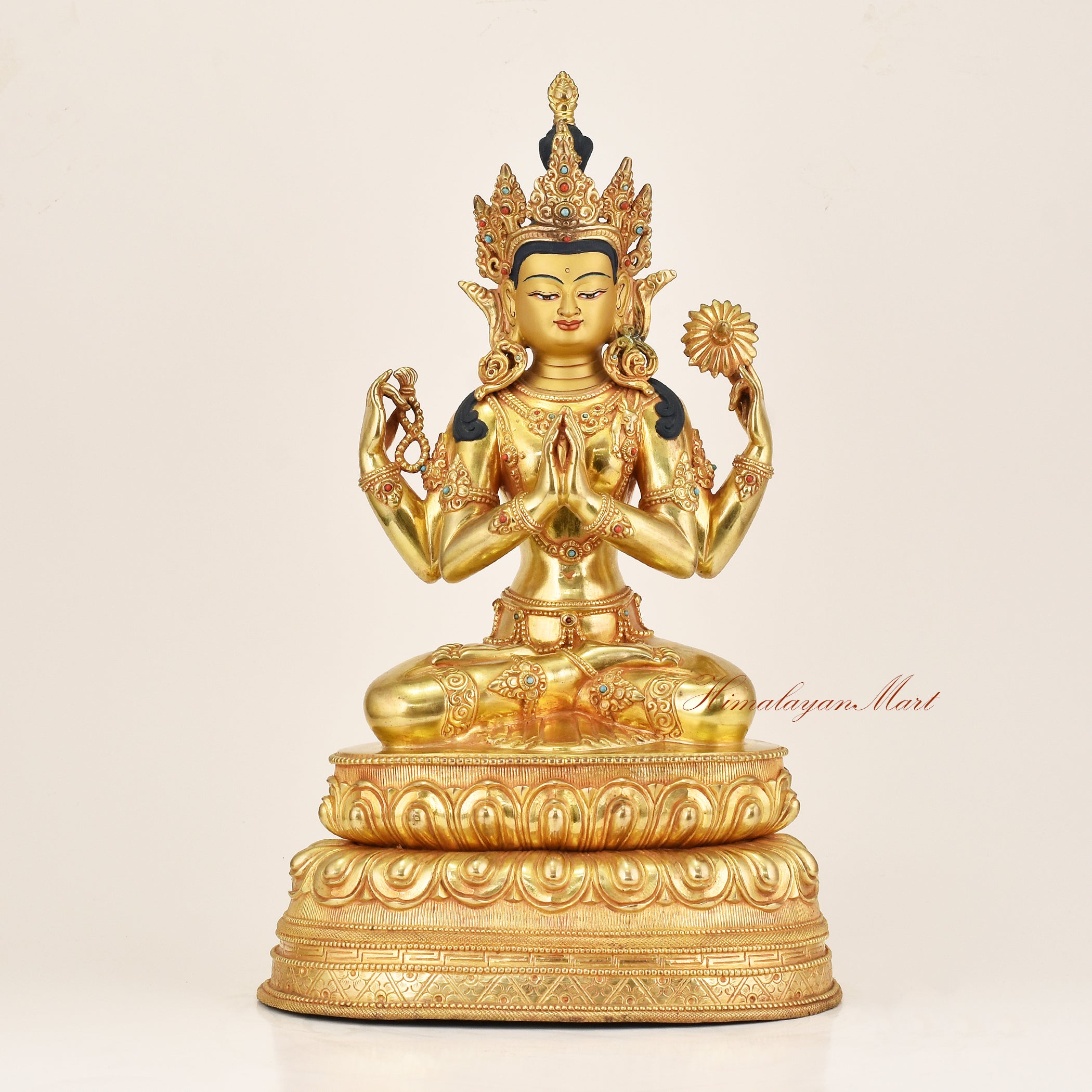 Four-Armed Avalokiteshvara Statue, gold gilded Chenrezig with hand-painted face and gemstone inlay