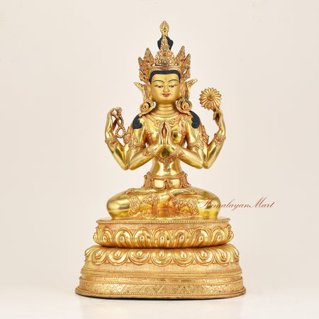Four-Armed Avalokiteshvara Statue, gold gilded Chenrezig with hand-painted face and gemstone inlay