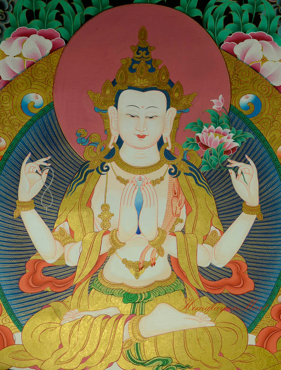 Detailed section of the Thangka showing intricate brushwork and symbolic ornamentation.