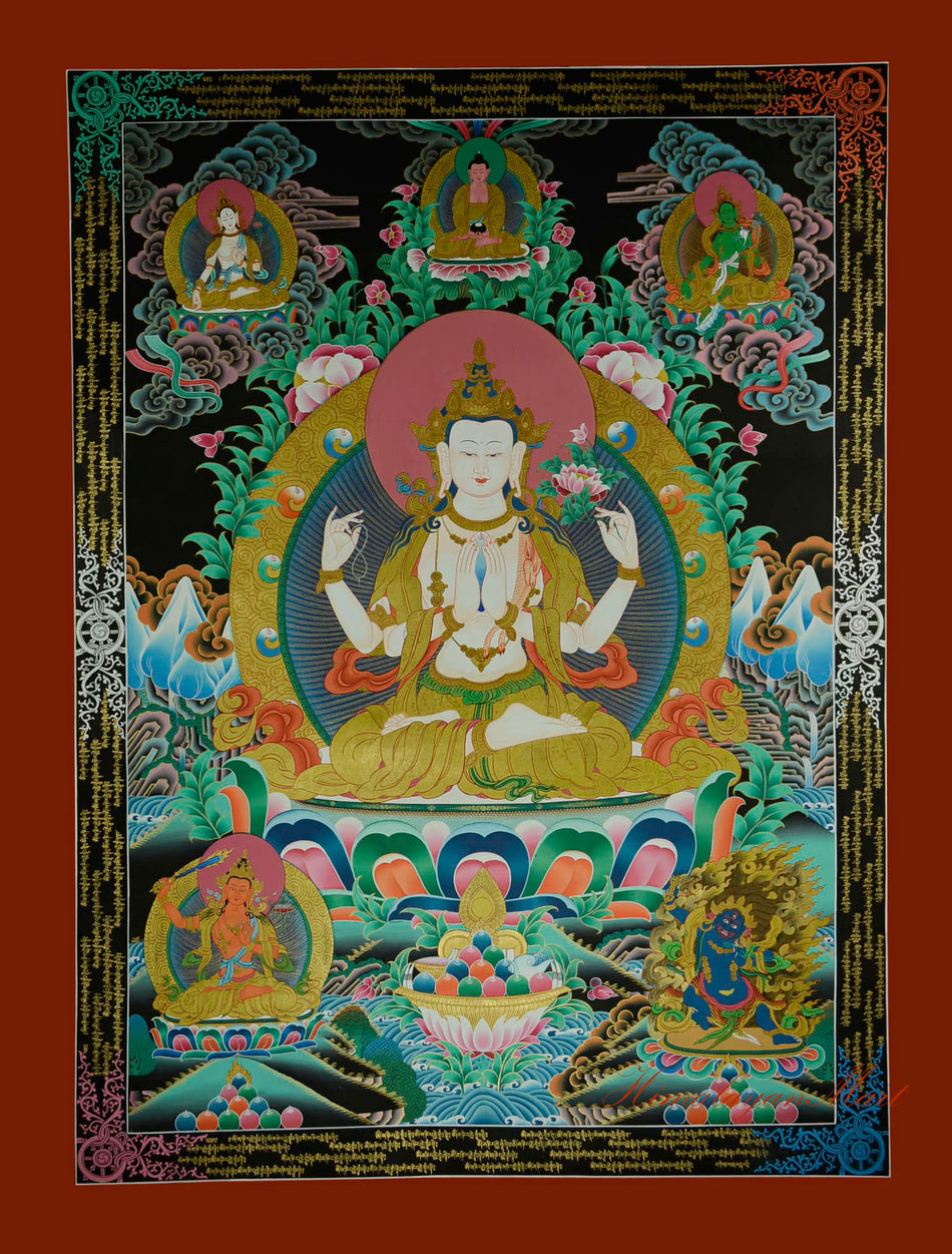 Full view of the Four-Armed Avalokiteshvara Thangka, hand-painted with acrylics and 24K gold detailing.