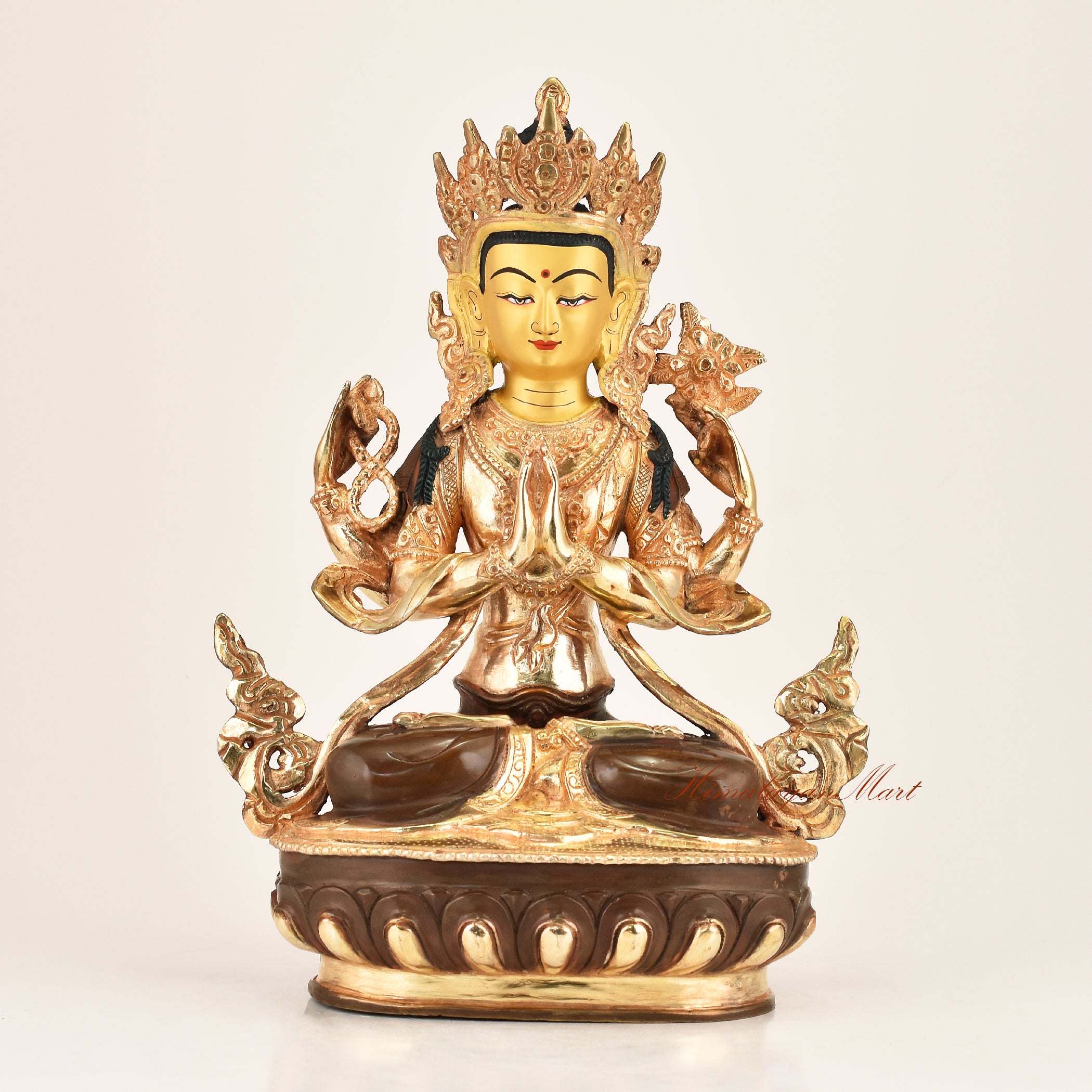 Four-Armed Chenrezig Statue — gold-plated copper alloy sacred altar sculpture of Avalokiteshvara, Bodhisattva of Compassion, handcrafted by master artisans in Patan, Nepal