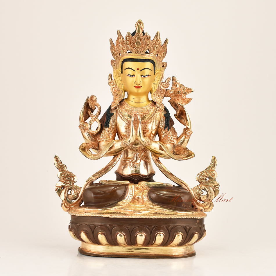 Four-Armed Chenrezig Statue — gold-plated copper alloy sacred altar sculpture of Avalokiteshvara, Bodhisattva of Compassion, handcrafted by master artisans in Patan, Nepal