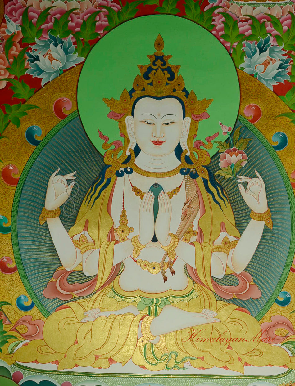 Detailed section of the Four-Armed Chenrezig Thangka highlighting artistic features and sacred motifs.