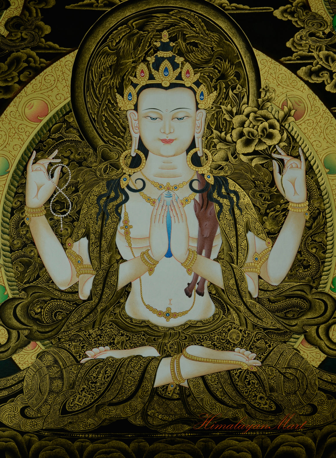 Close-up detail of the Four-Armed Chenrezig Thangka showing intricate brushwork and gold accents.