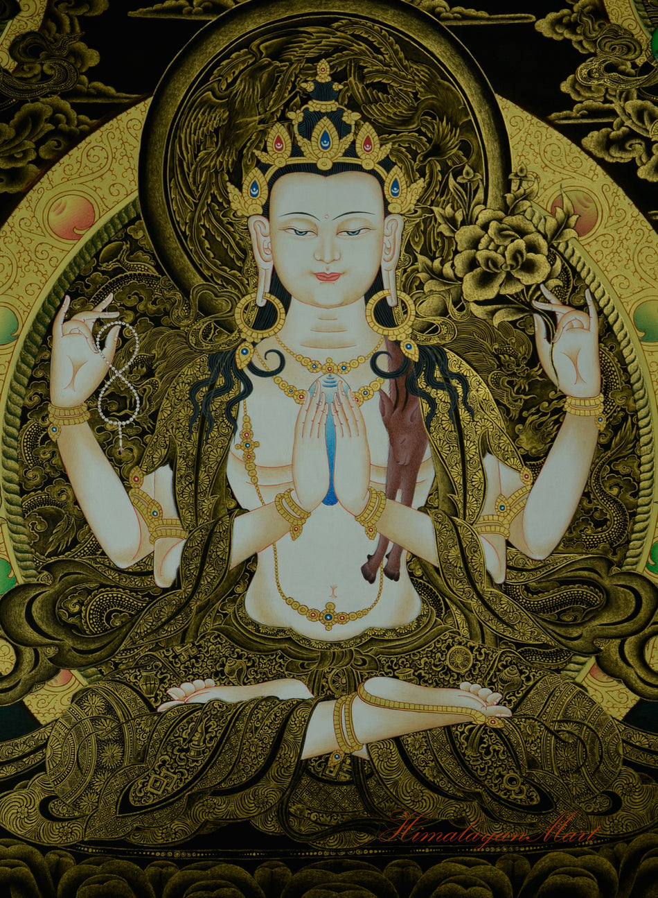 Close-up detail of the Four-Armed Chenrezig Thangka showing intricate brushwork and gold accents.