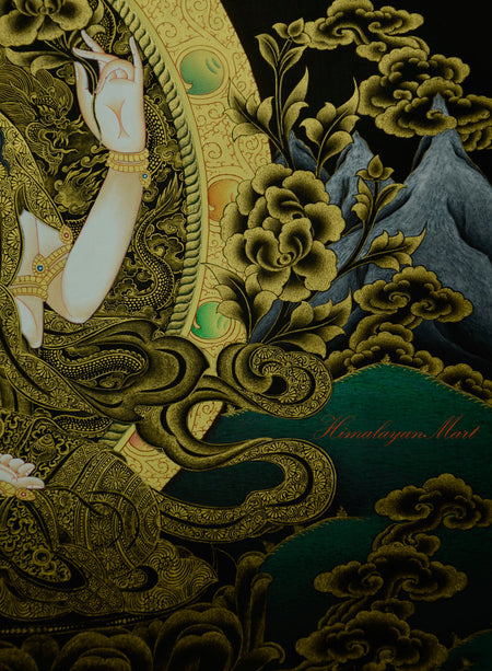 Left hand of Chenrezig holding a lotus flower, symbolizing purity and enlightenment.