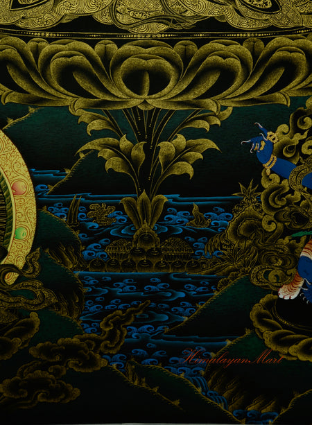 Lotus base emerging from sacred pond beneath Chenrezig in Tibetan Thangka painting.