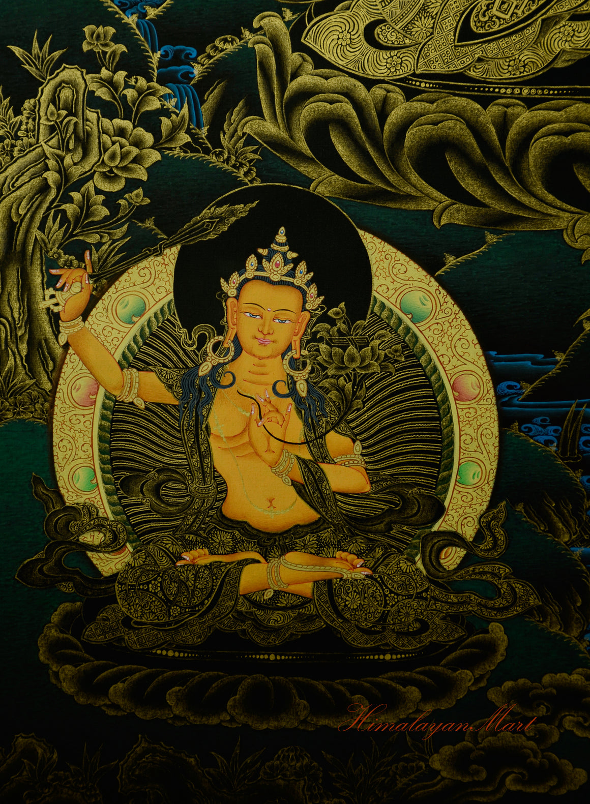 Manjushri seated on a lotus at the bottom right of Chenrezig Thangka painting.