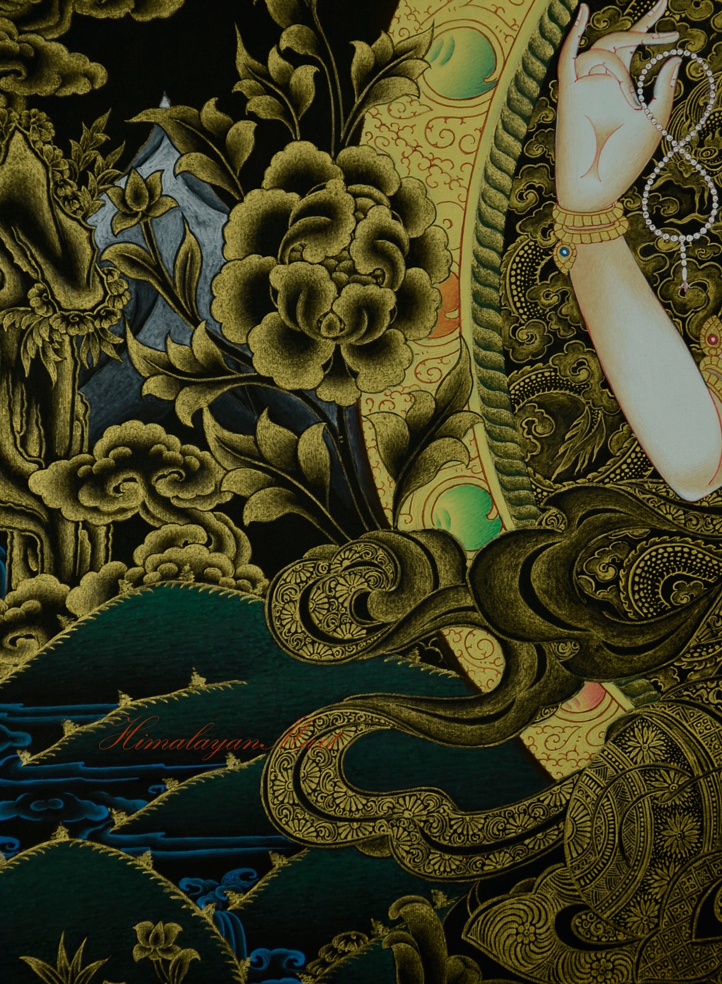 Right hand of Chenrezig holding crystal mala, symbolizing mantra recitation and compassion.