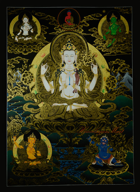 Full view of Four-Armed Chenrezig Thangka, hand-painted with 24K gold on black canvas.