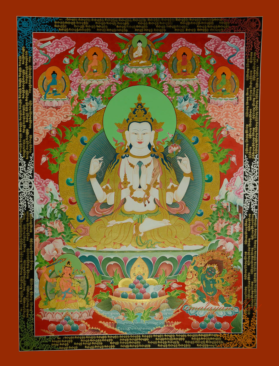 Main view of Four-Armed Chenrezig Thangka, hand-painted with vibrant colors and 24K gold detailing.
