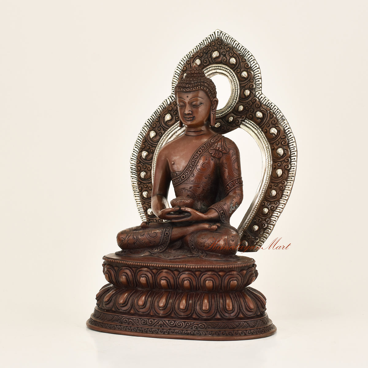 Left side view of Framed Amitabha Buddha Statue showing carved flowers and vines