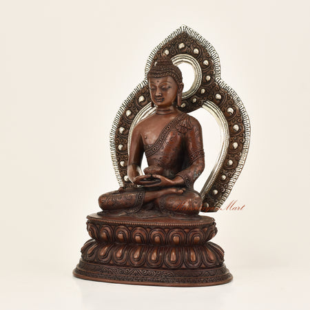 Left side view of Framed Amitabha Buddha Statue showing carved flowers and vines