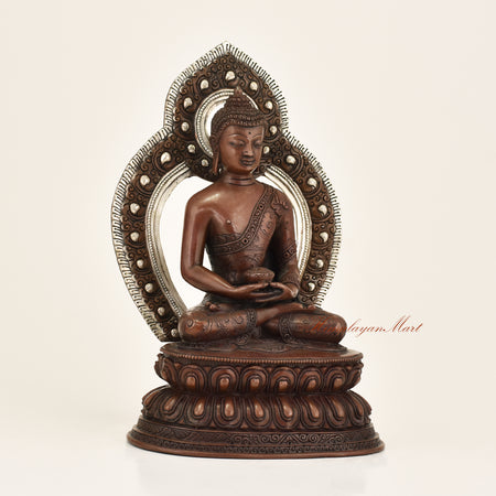 Right side view of Framed Amitabha Buddha Statue in copper alloy with hand-carved detail