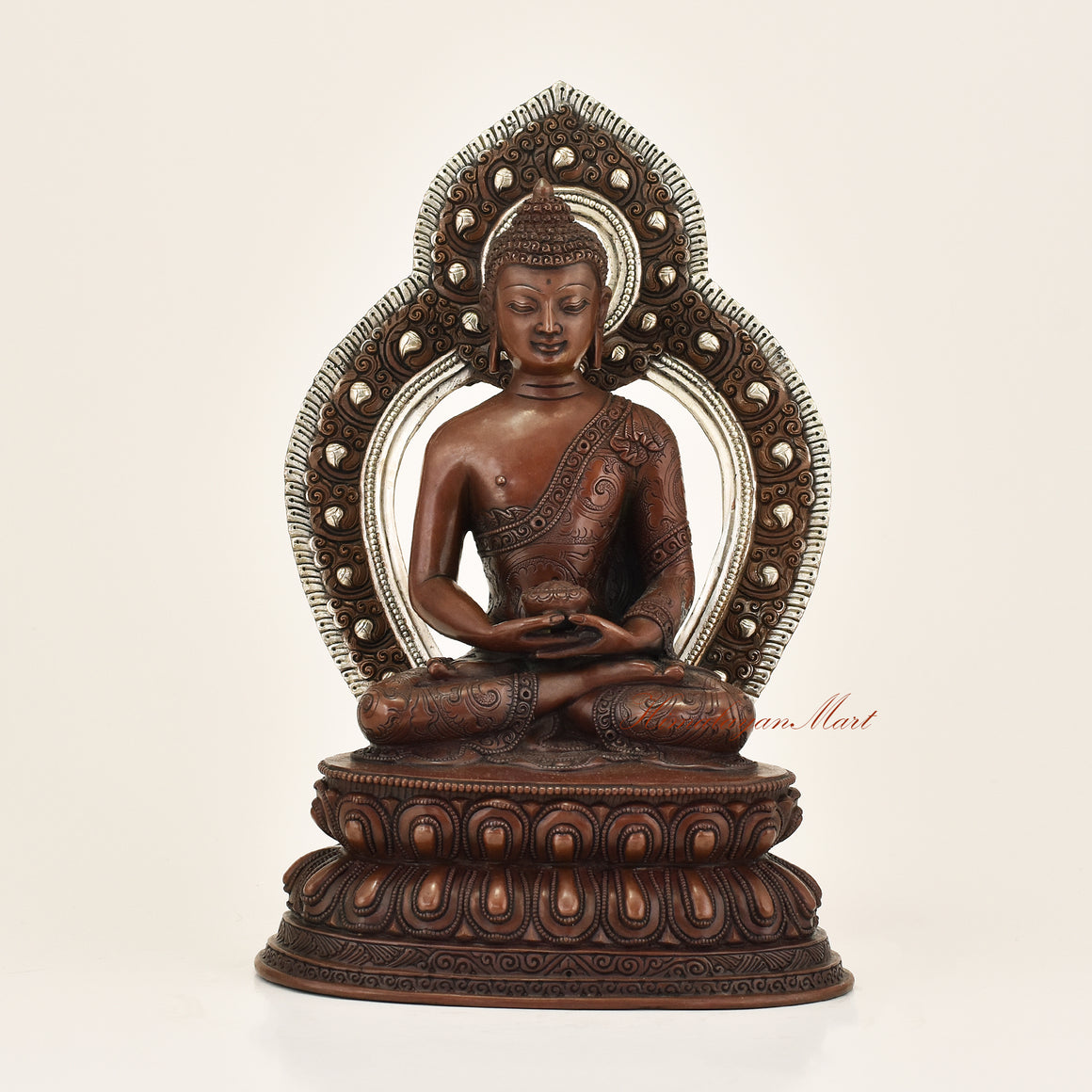 Framed Amitabha Buddha Statue with premium oxidation finish and silver-plated detailing