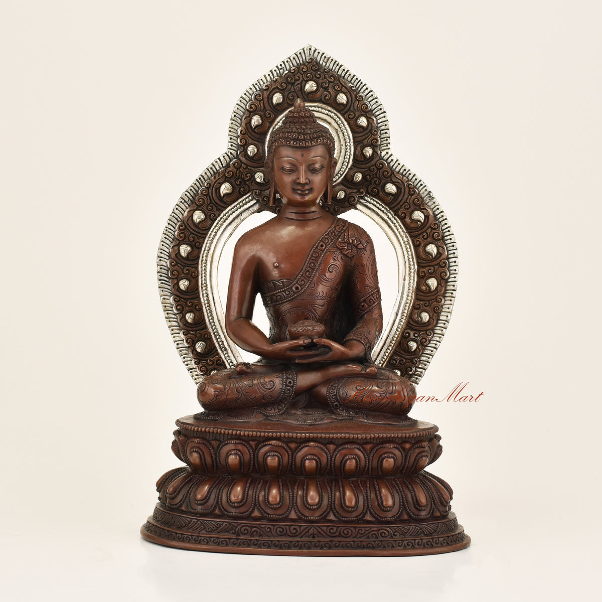 Framed Amitabha Buddha Statue with premium oxidation finish and silver-plated detailing